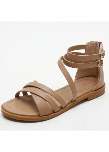 Modlily Dark Camel Open Toe Falt PU Leather Scandals - 36