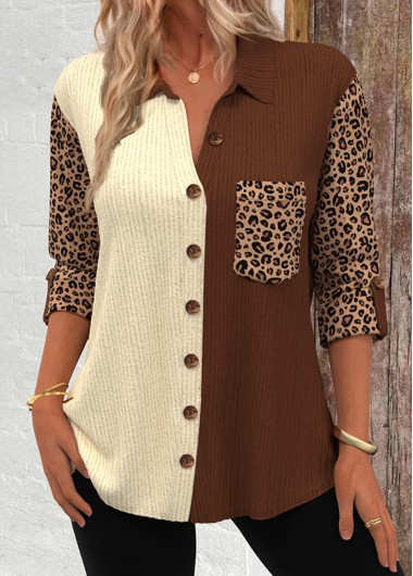 Modlily Dark Camel Patchwork Leopard Long Sleeve Corduroy Shirt - S