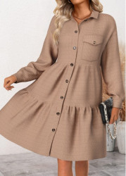 Modlily Dark Camel Patchwork Long Sleeve Shirt Collar Dress - S