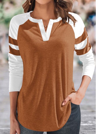 Modlily Dark Camel Patchwork Long Sleeve T Shirt - S