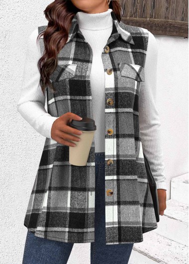 Modlily Dark Camel Patchwork Plaid Sleeveless Shirt Collar Waistcoat - S