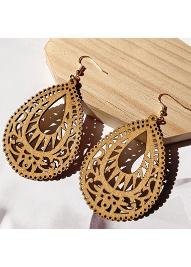 Modlily Dark Camel Wood Hollow Waterdrop Earrings - One Size