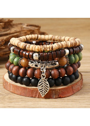 Modlily Dark Coffee Beaded Leaf Wood Bracelet Set - One Size