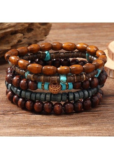 Modlily Dark Coffee Beaded Wood Bracelet Set - One Size