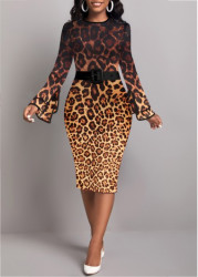 Modlily Dark Coffee Contrast Binding Leopard Bodycon Dress - S