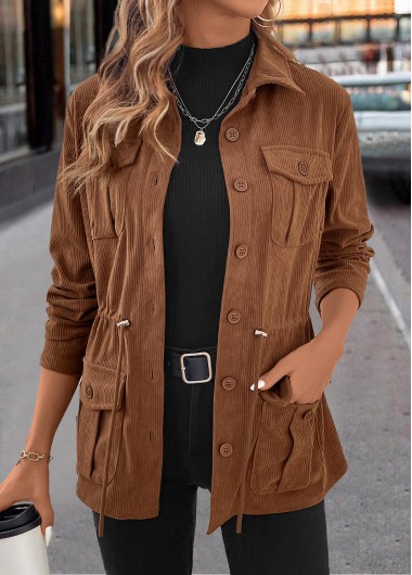 Modlily Dark Coffee Drawstring Long Sleeve Shirt Collar Coat - M