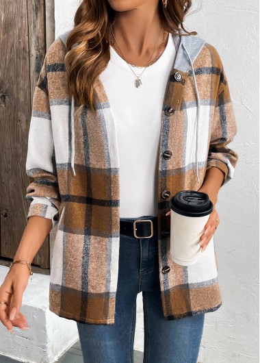 Modlily Dark Coffee Drawstring Plaid Long Sleeve Hooded Shirt - S