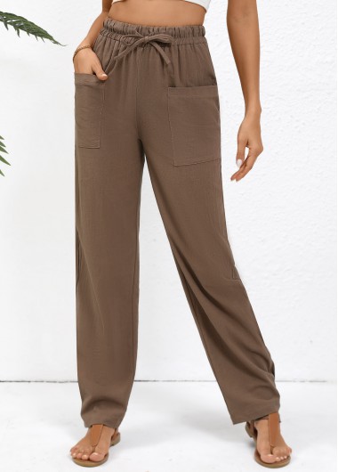 Modlily Dark Coffee Drawstring Straight Leg Elastic Waist Pants - S