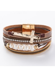 Modlily Dark Coffee Faux Leather Pearl Bangle - One Size