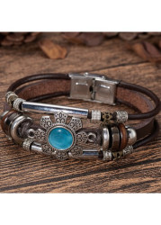 Modlily Dark Coffee Faux Leather Turquoise Bracelet - One Size