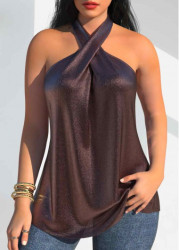 Modlily Dark Coffee Hot Stamping Sleeveless Halter Tank Top - S