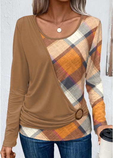 Modlily Dark Coffee Layered Plaid Long Sleeve T Shirt - S