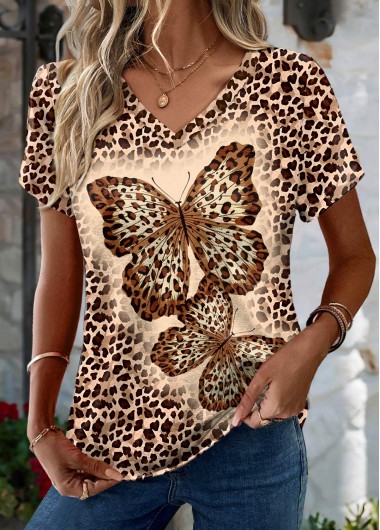 Modlily Dark Coffee Leopard Short Sleeve V Neck T Shirt - S