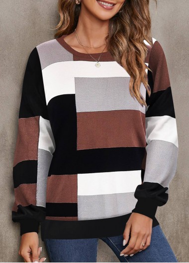 Modlily Dark Coffee Patchwork Geometric Print Long Sleeve Sweatshirt - S