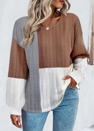 Modlily Dark Coffee Patchwork Long Sleeve Round Neck Sweatshirt - M