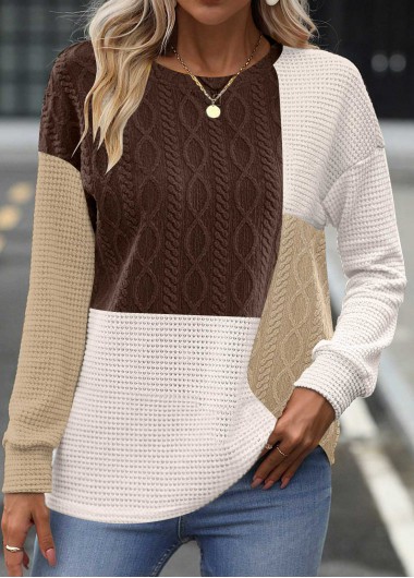 Modlily Dark Coffee Patchwork Long Sleeve Round Neck Sweatshirt - S