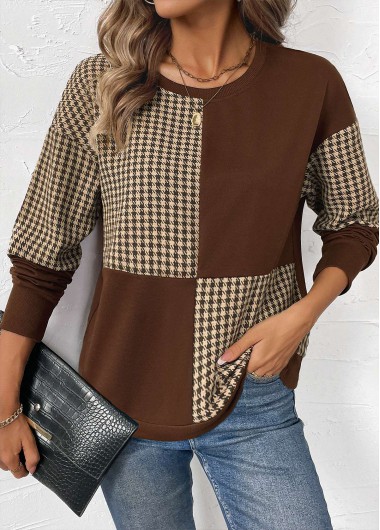 Modlily Dark Coffee Patchwork Plaid Long Sleeve Round Neck Sweatshirt - S