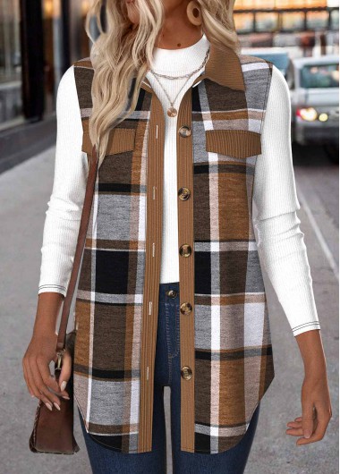 Modlily Dark Coffee Patchwork Plaid Sleeveless Shirt Collar Waistcoat - S