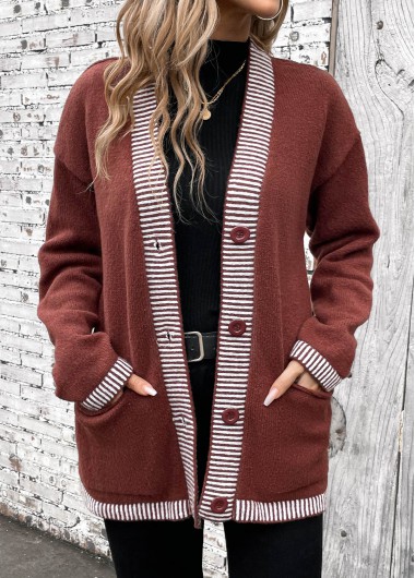 Modlily Dark Coffee Patchwork Striped Long Sleeve Cardigan - XL