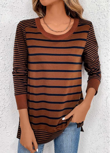 Modlily Dark Coffee Patchwork Striped Long Sleeve T Shirt - S