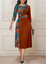 Modlily Dark Coffee Patchwork Tribal Print Round Neck Dress - M