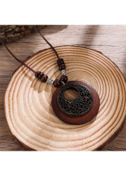 Modlily Dark Coffee Round Wood Detail Necklace - One Size