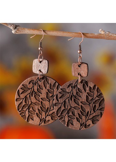 Modlily Dark Coffee Round Wood Leaf Detail Earrings - One Size