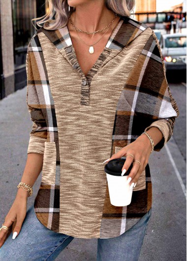 Modlily Dark Coffee Snap Button Plus Size Plaid Hoodie - 2X