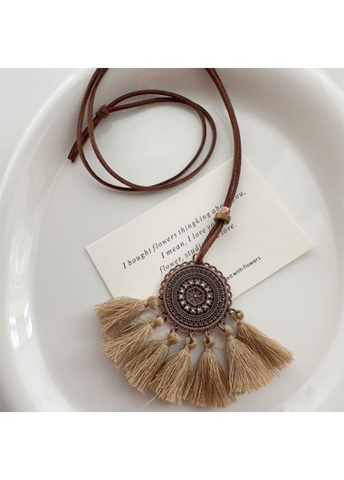 Modlily Dark Coffee Tribal Copper Tassel Necklace - One Size