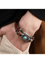 Modlily Dark Coffee Turquoise Faux Leather Bracelet - One Size