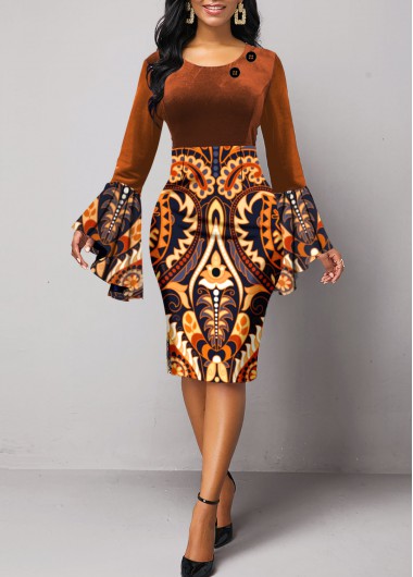 Modlily Dark Coffee Velvet Tribal Print Long Sleeve Bodycon Dress - XXL