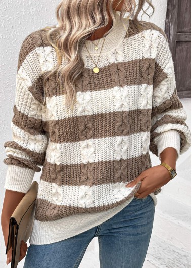 Modlily Dark Coffee Weave Striped Long Sleeve Round Neck Sweater - S