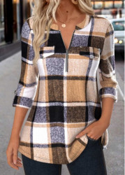 Modlily Dark Coffee Zipper Plaid Long Sleeve Round Neck Shirt - L