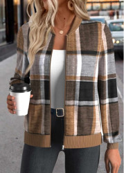 Modlily Dark Coffee Zipper Plaid Long Sleeve Stand Collar Jacket - XL