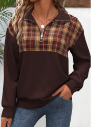 Modlily Dark Coffee Zipper Plaid Long Sleeve V Neck Sweatshirt - S