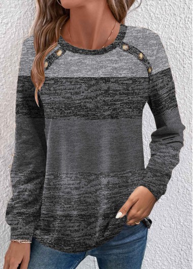 Modlily Dark Grey Button Long Sleeve Round Neck T Shirt - M