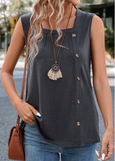 Modlily Dark Grey Button Sleeveless Square Neck Tank Top - S