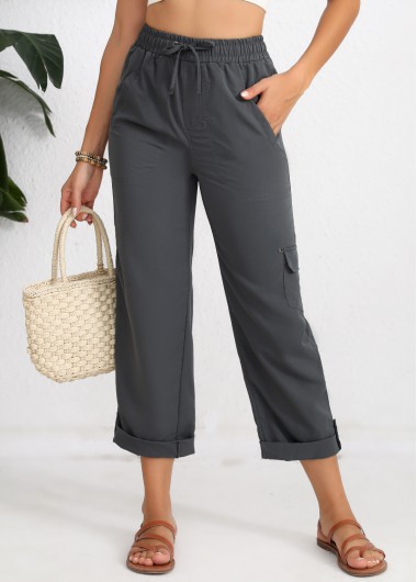 Modlily Dark Grey Drawstring Elastic Waist High Waisted Pants - L