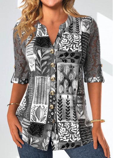 Modlily Dark Grey Lace Leaf Print Blouse - M