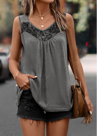 Modlily Dark Grey Lace Scoop Neck Tank Top - S