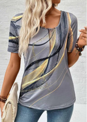 Modlily Dark Grey Lightweight Geometric Print Short Sleeve T Shirt - L