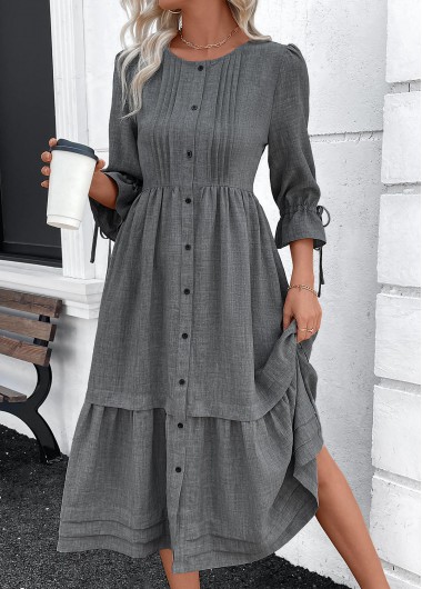 Modlily Dark Grey Marl Button A Line 3/4 Sleeve Dress - S