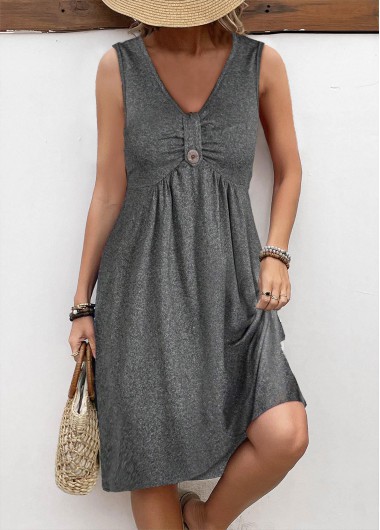 Modlily Dark Grey Marl Button A Line Sleeveless Dress - S