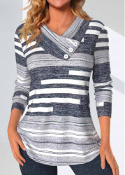 Modlily Dark Grey Marl Button Striped Long Sleeve T Shirt - S