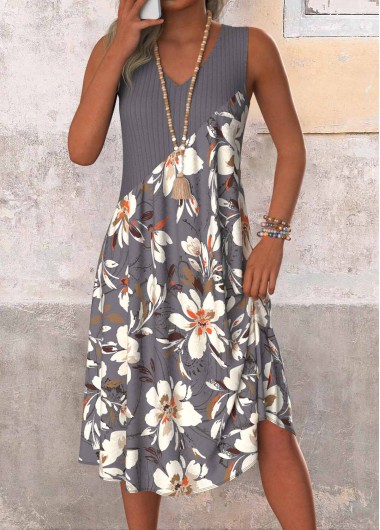 Modlily Dark Grey Patchwork Floral Print A Line Sleeveless Dress - S