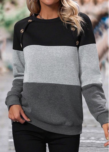 Modlily Dark Grey Patchwork Long Sleeve Round Neck Sweatshirt - S