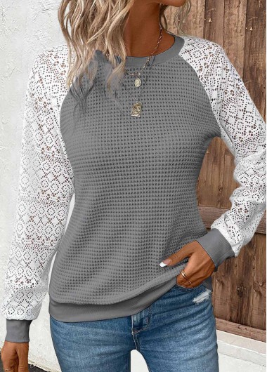 Modlily Dark Grey Patchwork Long Sleeve Round Neck T Shirt - S