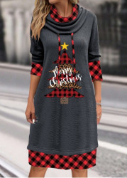 Modlily Dark Grey Patchwork Plaid Long Sleeve Shift Dress - M