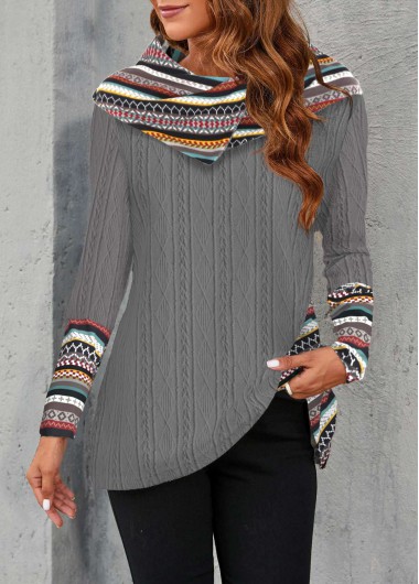 Modlily Dark Grey Patchwork Tribal Print Long Sleeve Sweatshirt - M