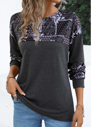 Modlily Dark Grey Patchwork Tribal Print Long Sleeve T Shirt - M